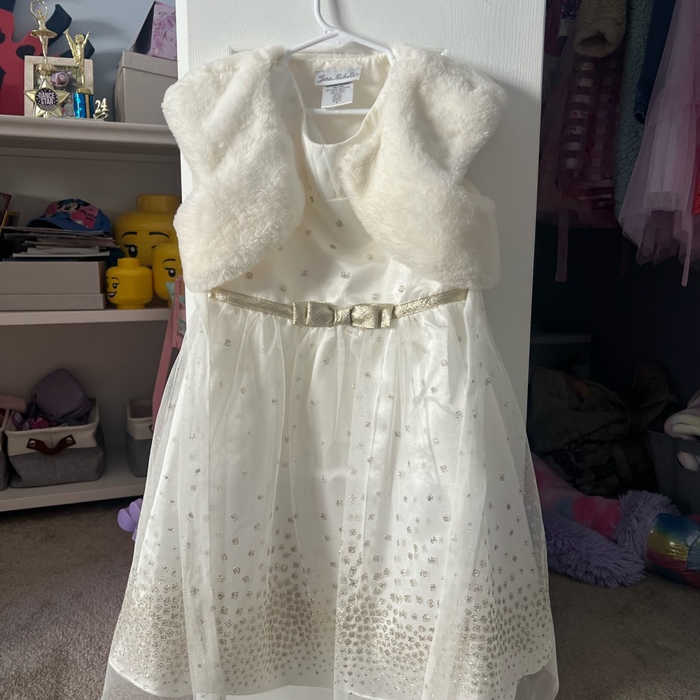 Jona Michelle White and Gold Formal Dress with Faux Fur Vest